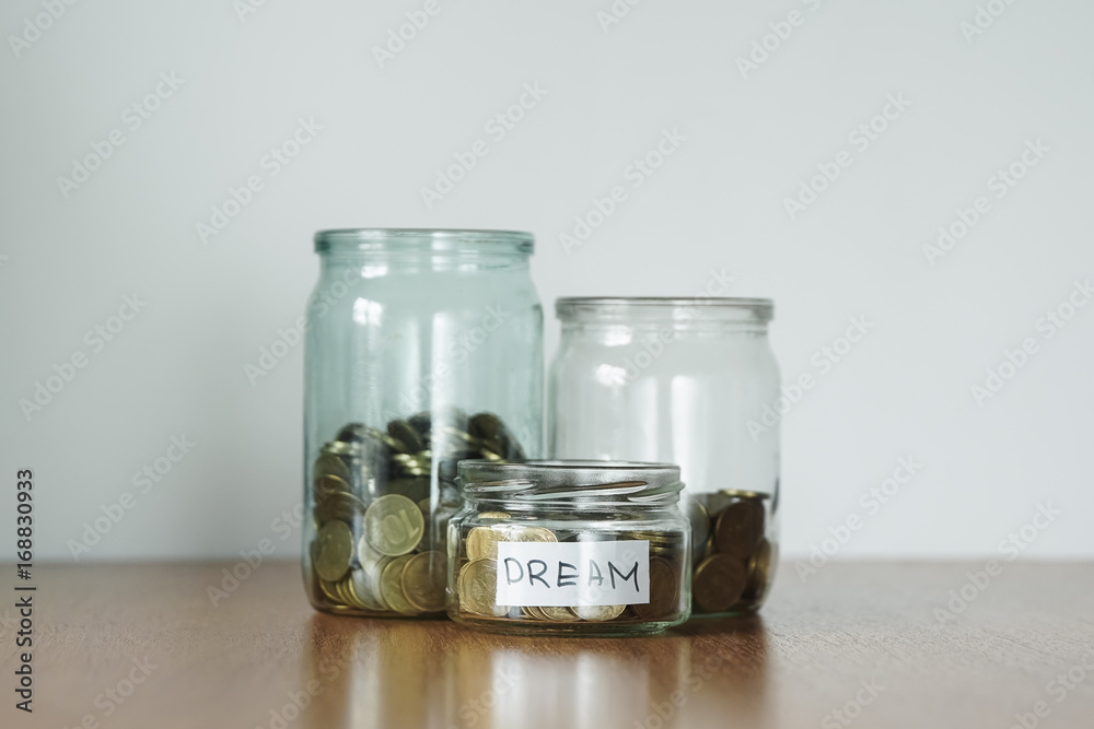 Coins in glass jars for different needs, money boxes. Distribution of cash savings concept. Car sticker.
