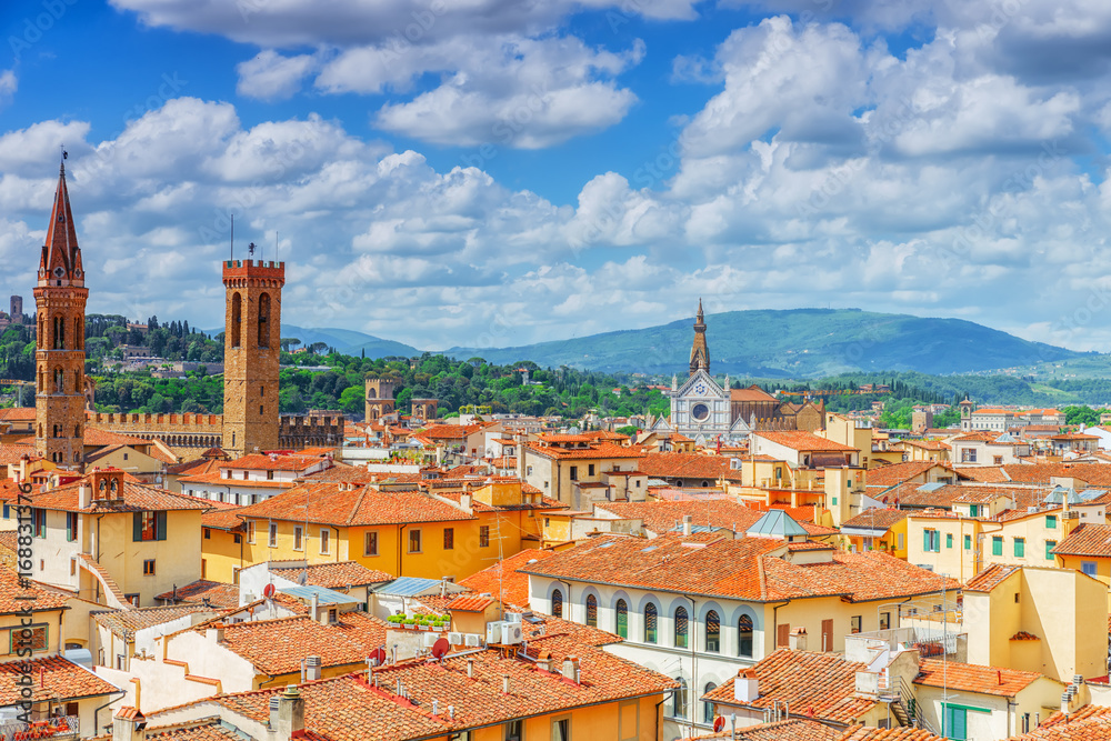Beautiful landscape above urban and historical view of the Florence from Giotto's Belltower (Campanile di Giotto),city of the Renaissance stand on Arno river.