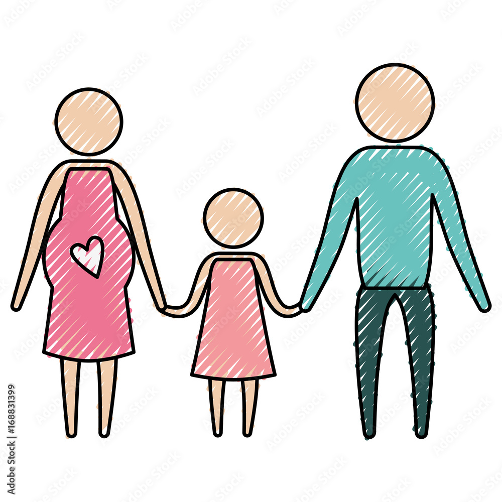 color crayon silhouette pictogram parents with mother pregnancy and girl holding hands vector illustration
