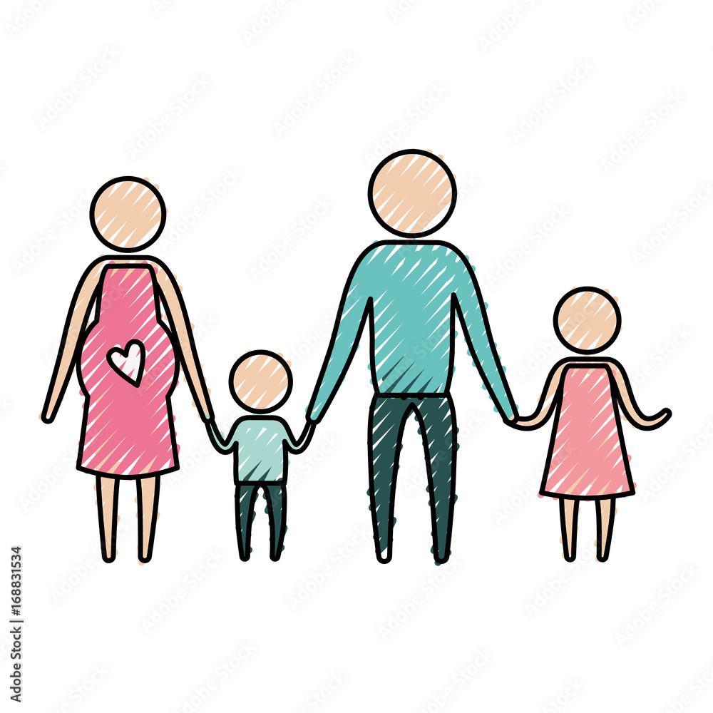 color crayon silhouette pictogram parents with mother pregnancy and children holding hands vector illustration