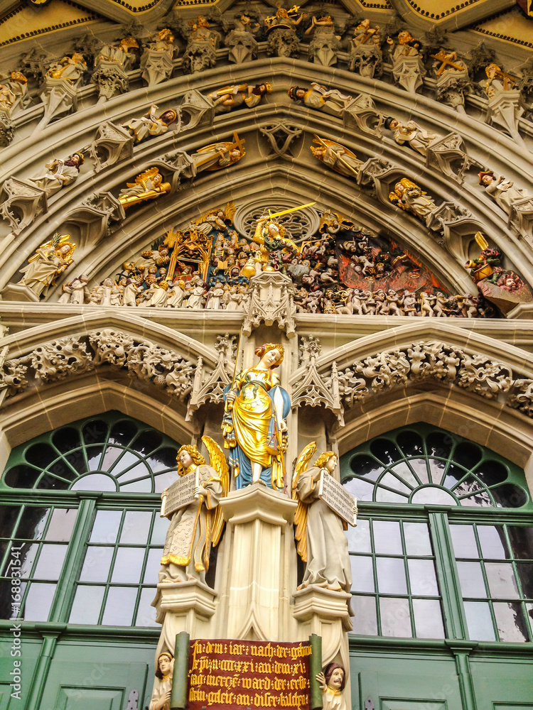 the remarkable sculpture, the Last Judgment, carved over the main entrance of St. Vincent Cathedral (Munster Kirche) at Munsterplatz, Berne, Switzerland