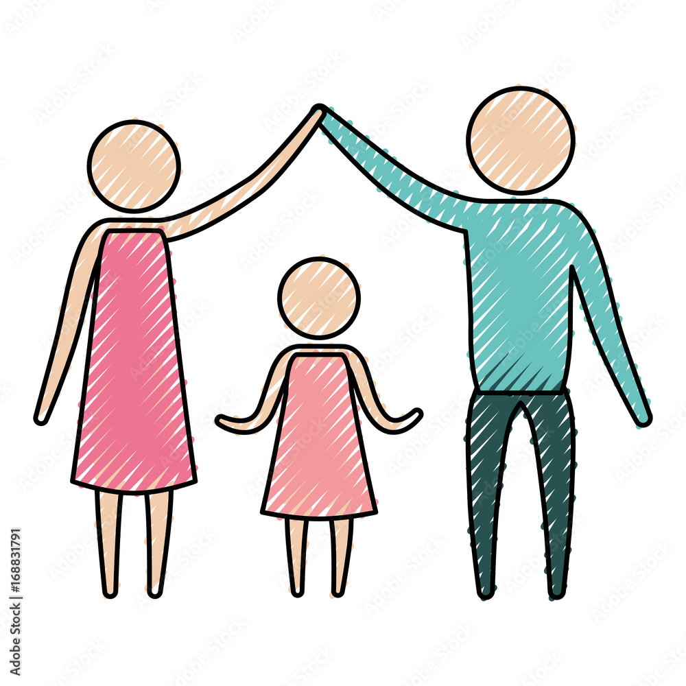 color crayon silhouette pictogram parents holding hands up an girl in the middle of them vector illustration