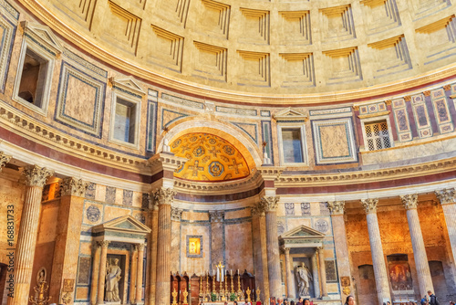 Inside  interior of the Pantheon, is a former Roman temple, now a church, in Rome, Italy.