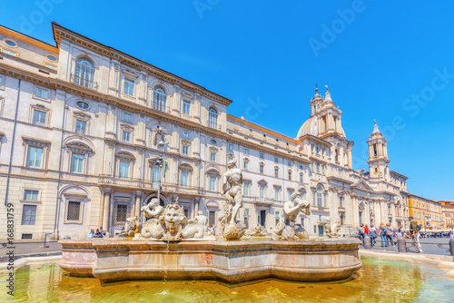 Piazza Navona is a square in Rome, Italy. It is built on the site of the Stadium of Domitian, built in 1st century AD. Fountain of the Moor(Fontana del Moro).Italy.