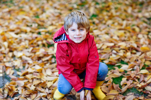 happy cute little kid boy with autumn leaves playing in garden