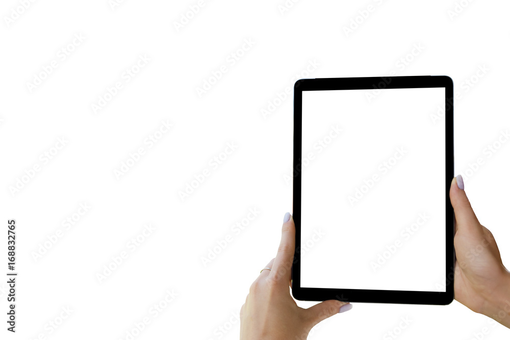 Blank empty tablet computer in the hands of girl. Isolated on white. Blank empty white screen. Empty space for text