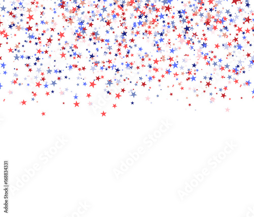 Red, blue and white stars falling from the sky, national USA flag colors.