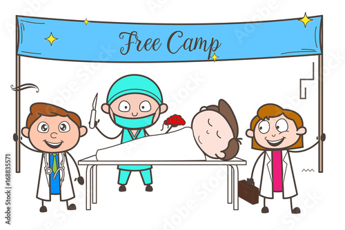 Cartoon Doctors Organizing Free Medical Checkup Camp Vector Concept