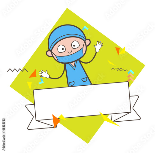 Cartoon Surprised Surgeon with Ribbon Banner Vector Illustration