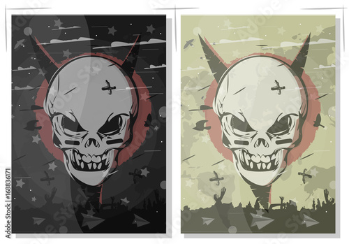 Evil skull. Set terrible gothic poster. The banner in black style.