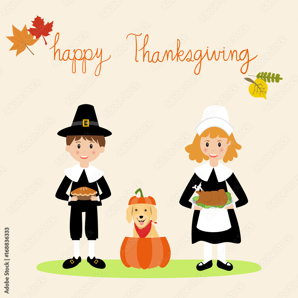 Happy Thanks giving with pilgrim children and golden retriever dog in the pumpkin hand lettering fonts vector. illustration EPS10. Happy Thanks giving with pilgrim children and golden retriever dog in the pumpkin hand lettering fonts vector. illustration EPS10.