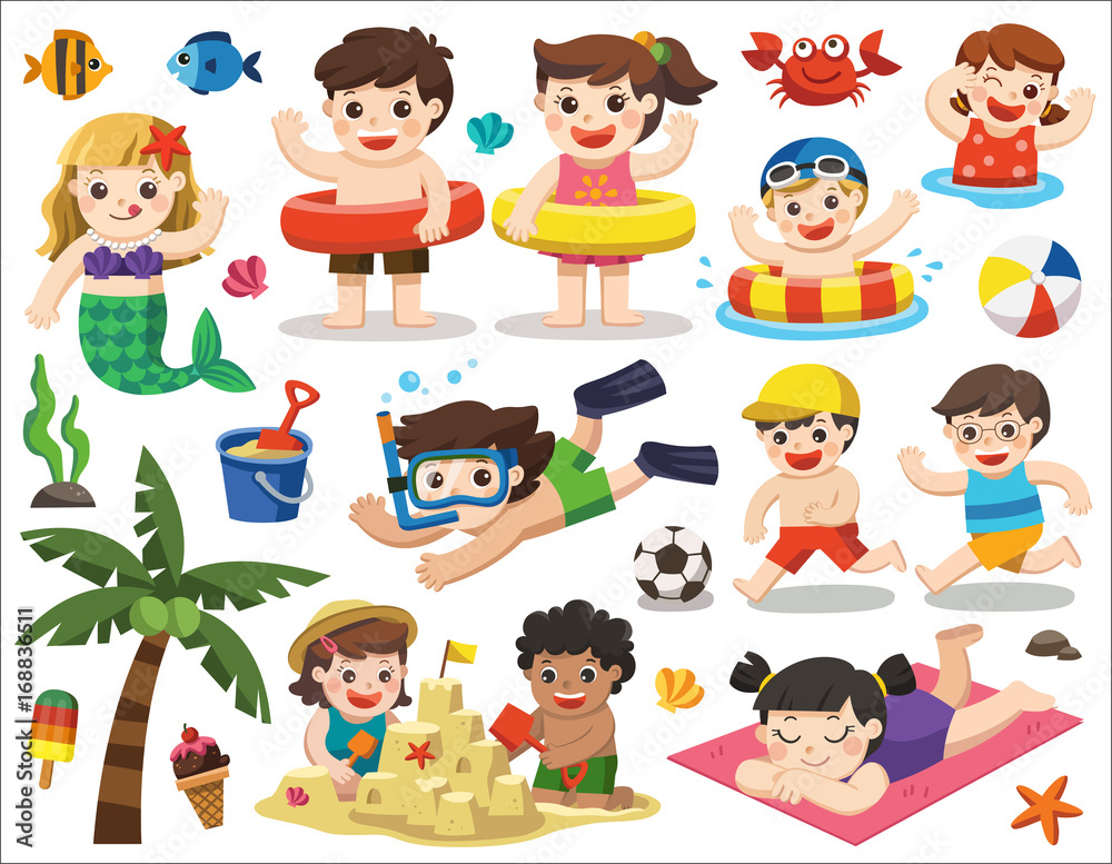 Set vector design element for summer season. Happy kids playing on the beach and swimming. Let's enjoy summer. Set vector design element for summer season. Happy kids playing on the beach and swimming. Let's enjoy summer.