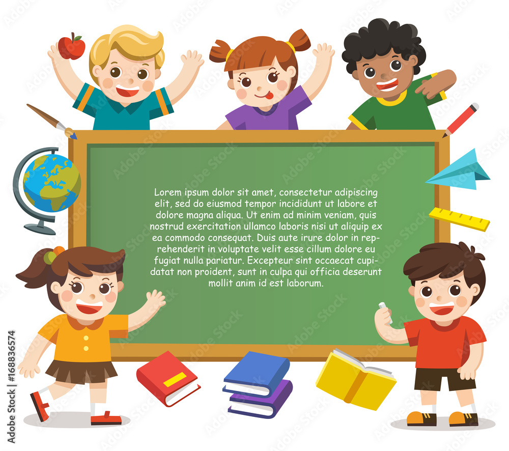 Back to school. Happy children holding blank poster. Template for advertising brochure on white background.