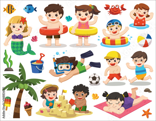 Set vector design element for summer season. Happy kids playing on the beach and swimming. Let's enjoy summer.