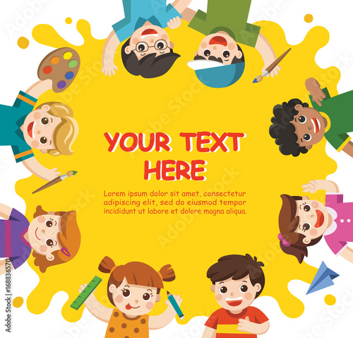 Back to School. Art kids.  Cute children have fun and ready to get painting together. Template for advertising brochure. Children look up with interest.