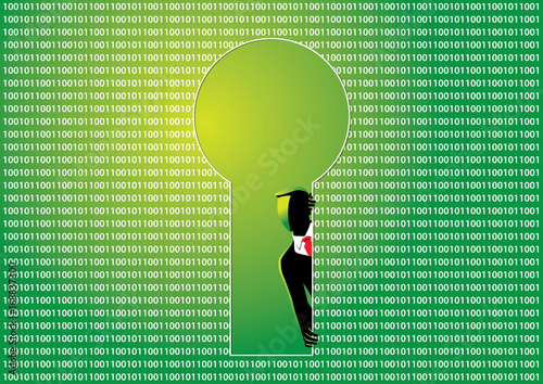 Businessman peeping through key hole