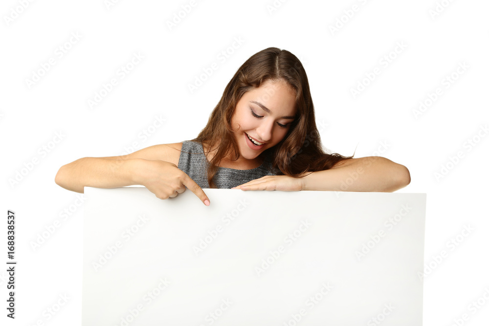 Young woman with blank paper on white background Young woman with blank paper on white background