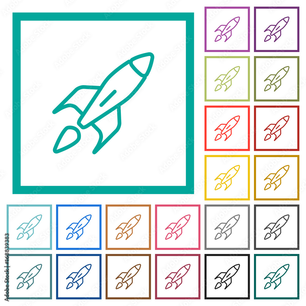 Launched rocket flat color icons with quadrant frames