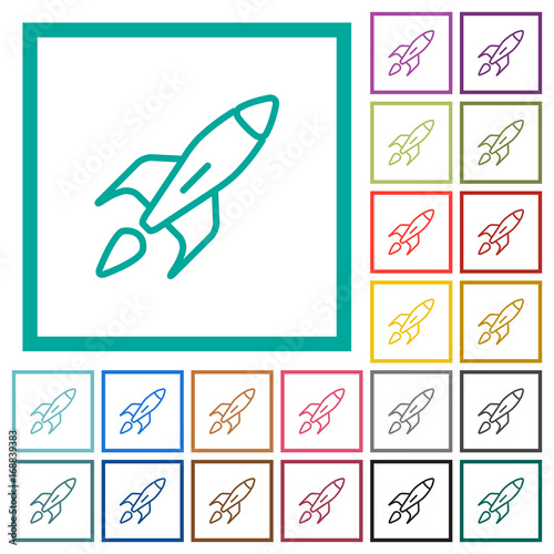 Launched rocket flat color icons with quadrant frames