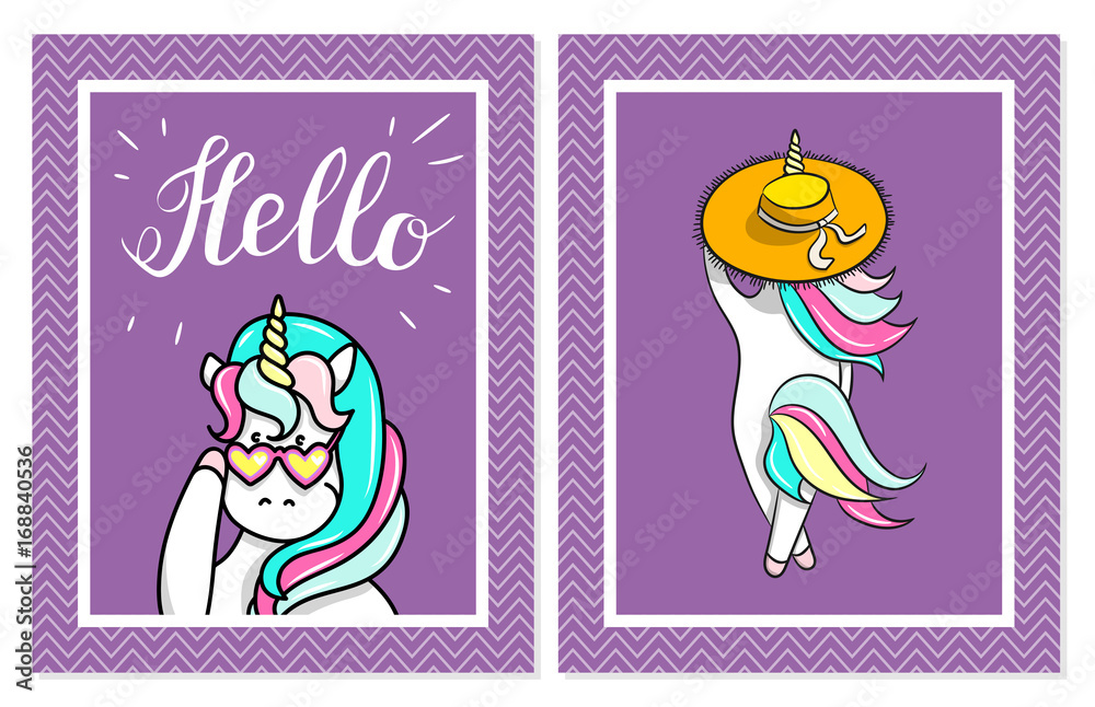 Hand drawn illustration of magic unicorns. Hello text. Can be used for greeting, birthday and invitation card.