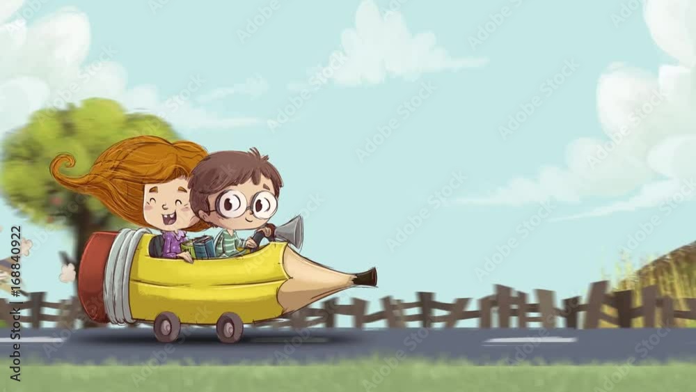 Niños camino del cole en un coche lapiz
