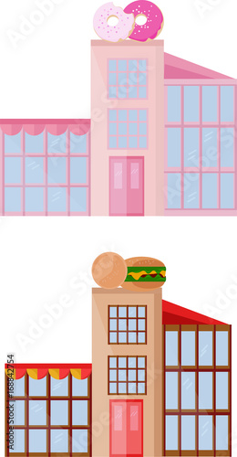 Set collection of donuts bakery and fast food colored architecture facade bui...