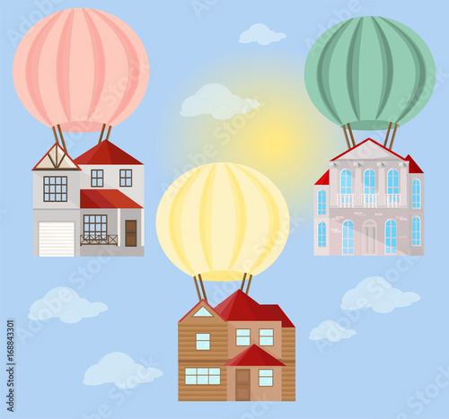 Colorful air balloon with little homes in the sky vector background