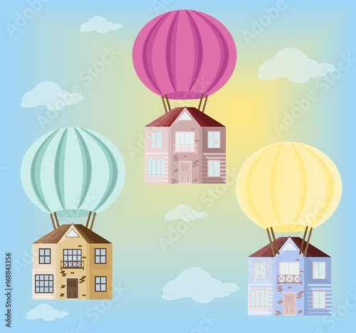 Colorful air balloon with little homes in the sky vector background