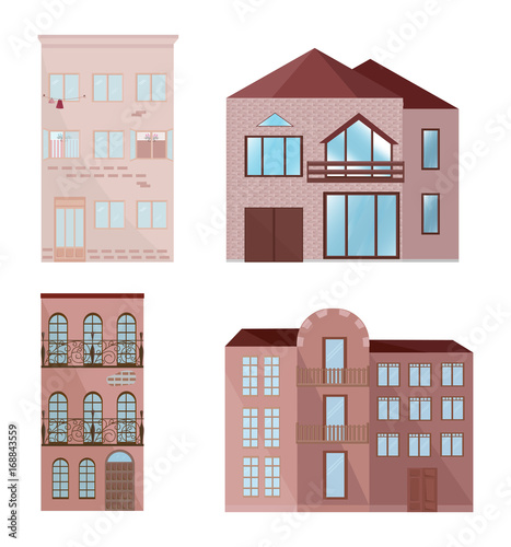 Set collection of colorful architecture facade houses buildings vector