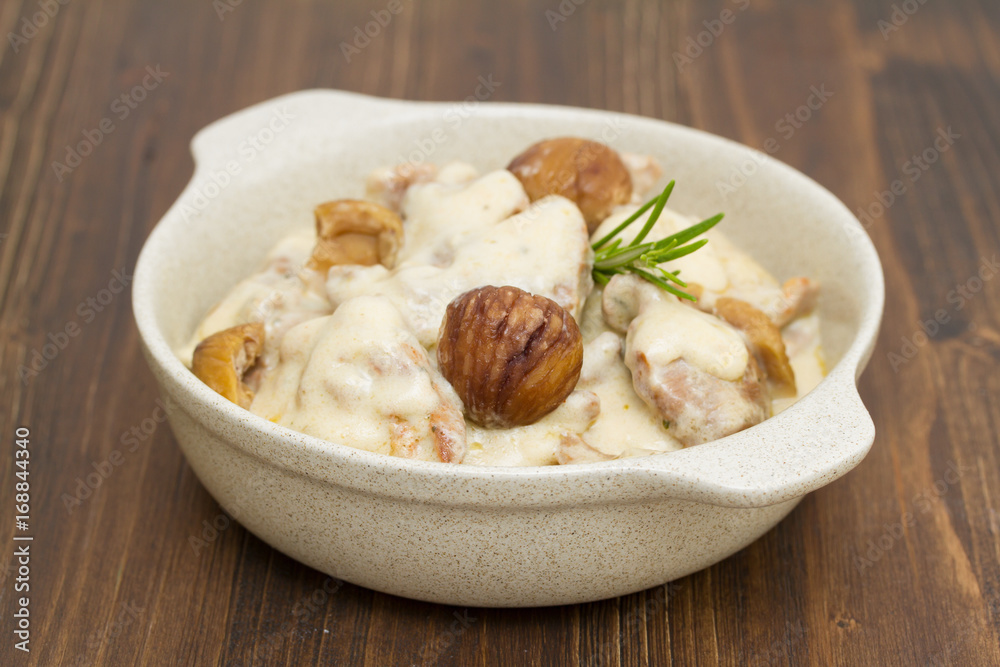 turkey with chestnut and boiled rice on dish