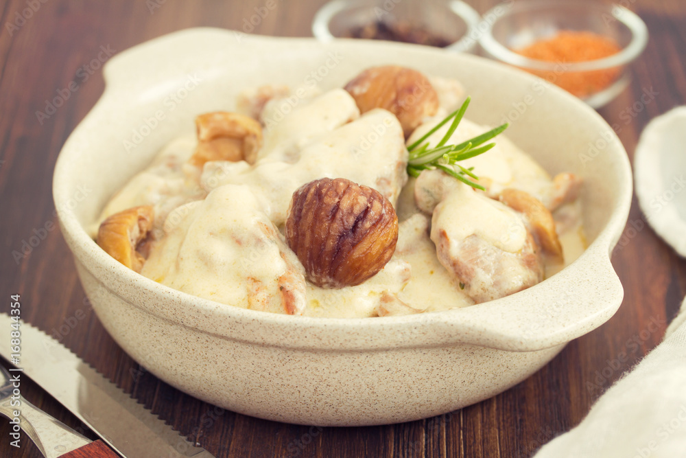 turkey with chestnut and boiled rice on dish turkey with chestnut and boiled rice on dish