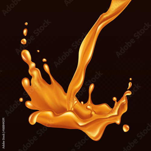 Caramel flow. Realistic falling drops and splash. Element for your design. Vector illustration. 
