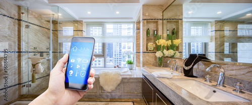 smart phone in modern bathroom