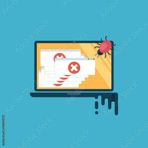 Computer virus. The computer is infected, there are a lot of alert messages. Flat vector illustration