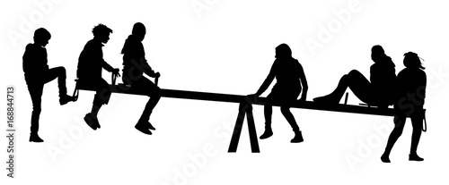 Children play on a seesaw. Seesaw, to teeter vector. Kids fun in park. Adolescents after school. Happy friends outdoor recreation. Girls and boys swinging, vector silhouette illustration.