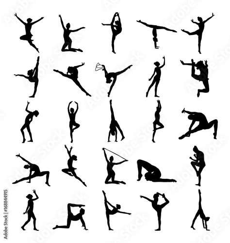 Athlete woman in gym exercise. Ballet girl vector figure isolated on white background. Black silhouette illustration of gymnastic woman. Rhythmic Gymnastics vector silhouette big group. 
