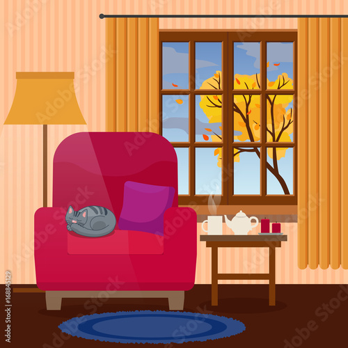 Cozy interior of living room with autumn tree in the window, cup of tea and cat sleeping. Flat style, design template