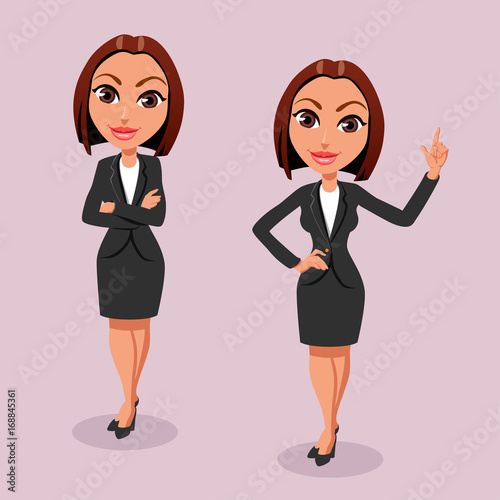 Two Business women in a strict suit. One woman has a closed pose, her arms are crossed on her chest. The second woman points with her hand, makes you listen. Flat design. Vector illustration. 