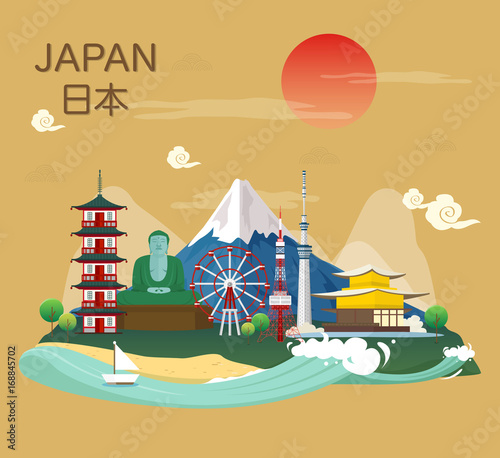 Japanese famous landmarks and tourist attractions in Japan illustration.vector photo