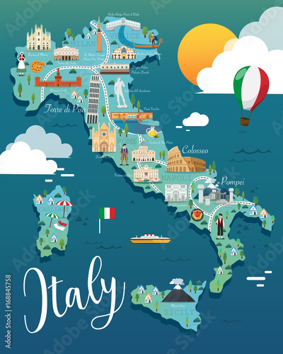 Fotografie, Obraz Italy map with attractive landmarks illustration.vector