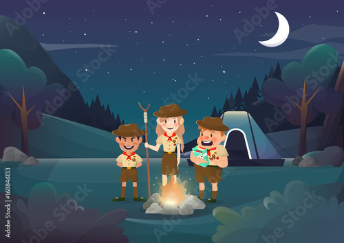 Three scouts camping for activity in the night illustration.vector