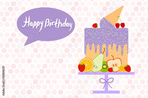 Card design - Birthday, valentine's day, wedding, engagement. Sweet cake, Kawaii  lilak Ice cream waffle cone, pastel colors on white polka dot background. Vector