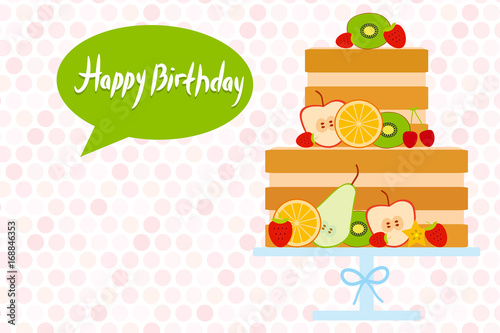 Sweet cake decorated with fresh fruits and berries, pastel colors on white polka dot background. Cake Stand. Card design - Birthday, valentine's day, wedding, engagement. Vector