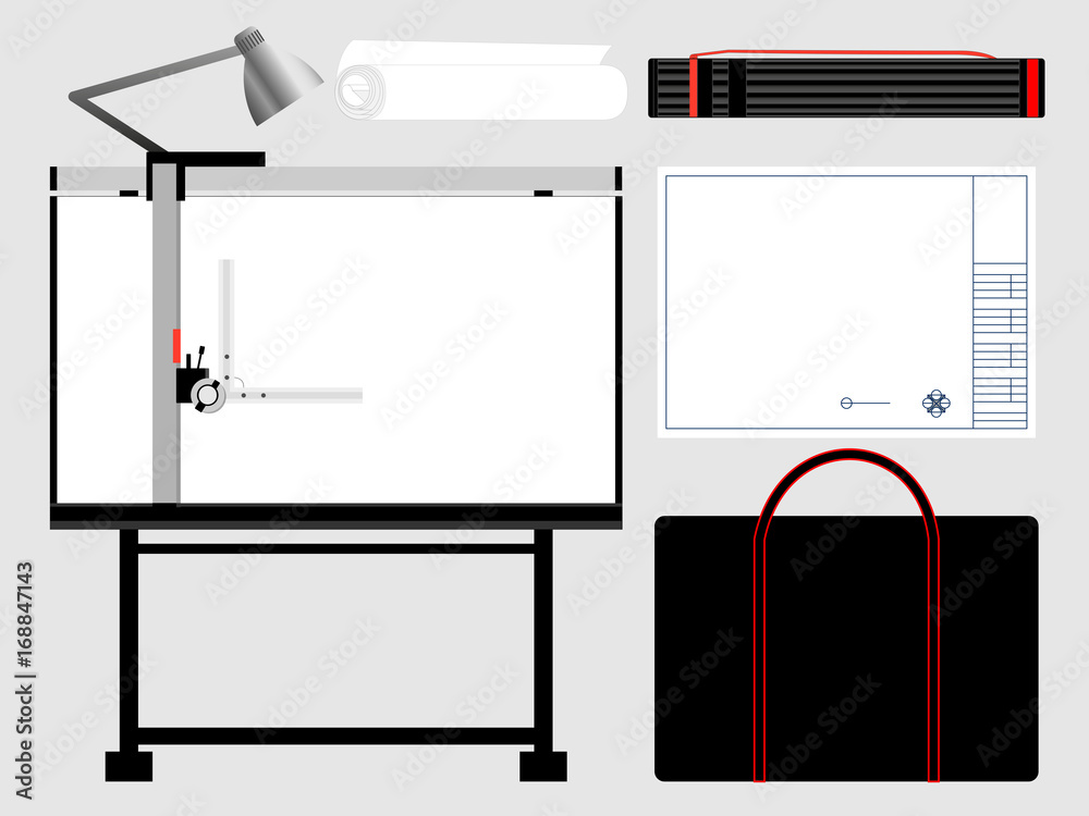 Set of isolated architect tools, drafting table. Vector illustration