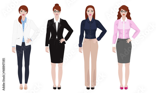 Young woman in different office outfit, businesswoman look, vector illustration set