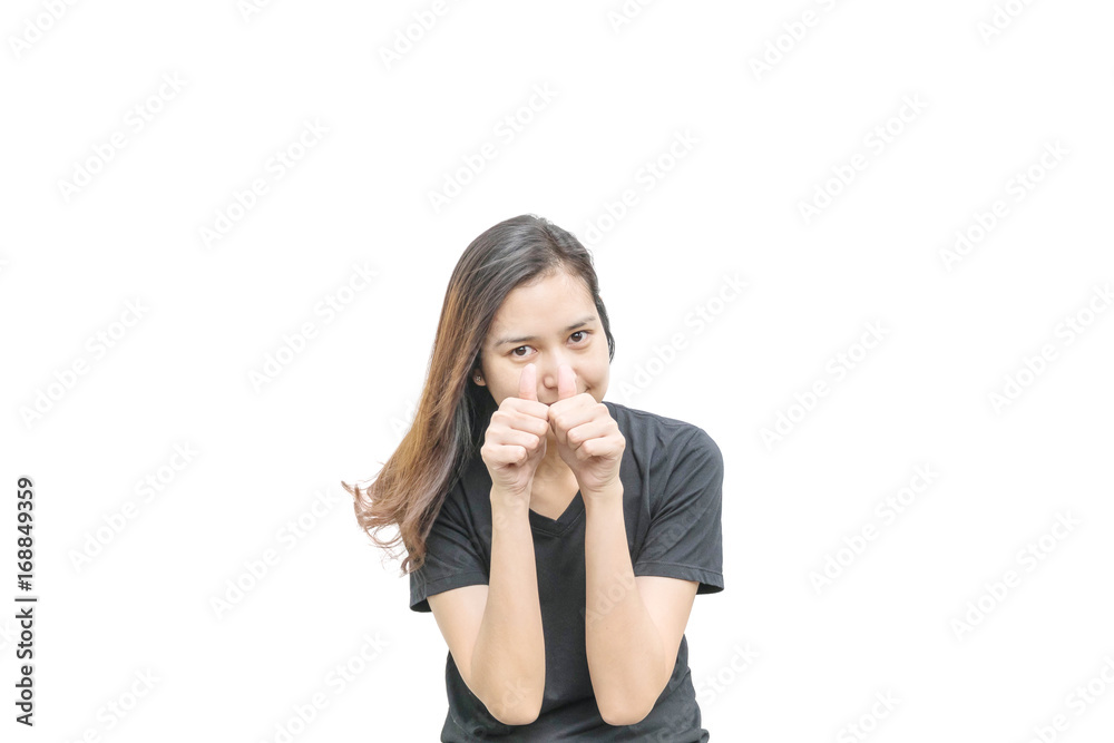 Closeup asian woman with admire motion isolated on white background Closeup asian woman with admire motion isolated on white background