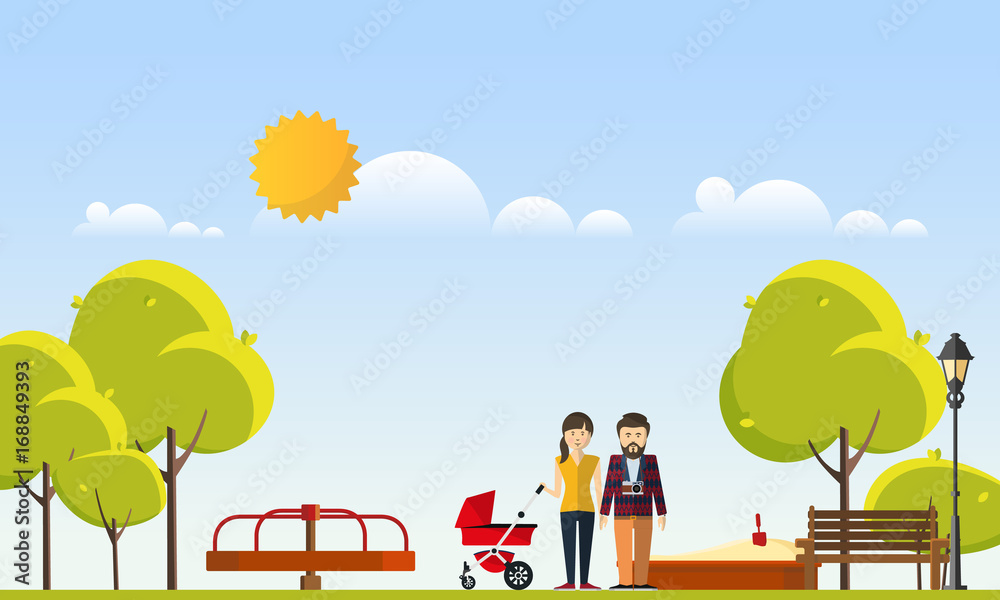 Naklejka premium Happy Big Family in The Park Flat Style Vector Illustration Eps10