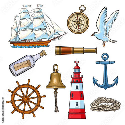 Cartoon nautical elements - lighthouse, anchor, compass, ship, rope, steering wheel, seagull, message bottle, bell, vector illustration isolated on white background. Set of cartoon nautical elements