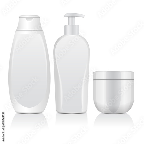Set Of Realistic White Cosmetic Bottles. Tube, Container For Cream, Bottle With Dispencer. Vector Mock Up Illustration