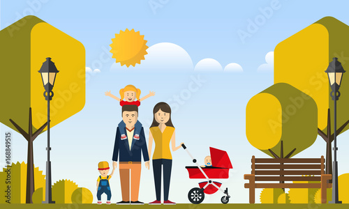 Happy Big Family in The Park Flat Style Vector Illustration Eps10